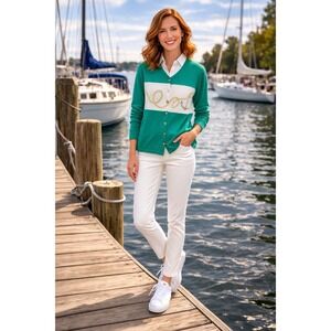 Quacker Factory Women's Nautical Sailing Embroidered Cardigan Sweater XS NWT VTG